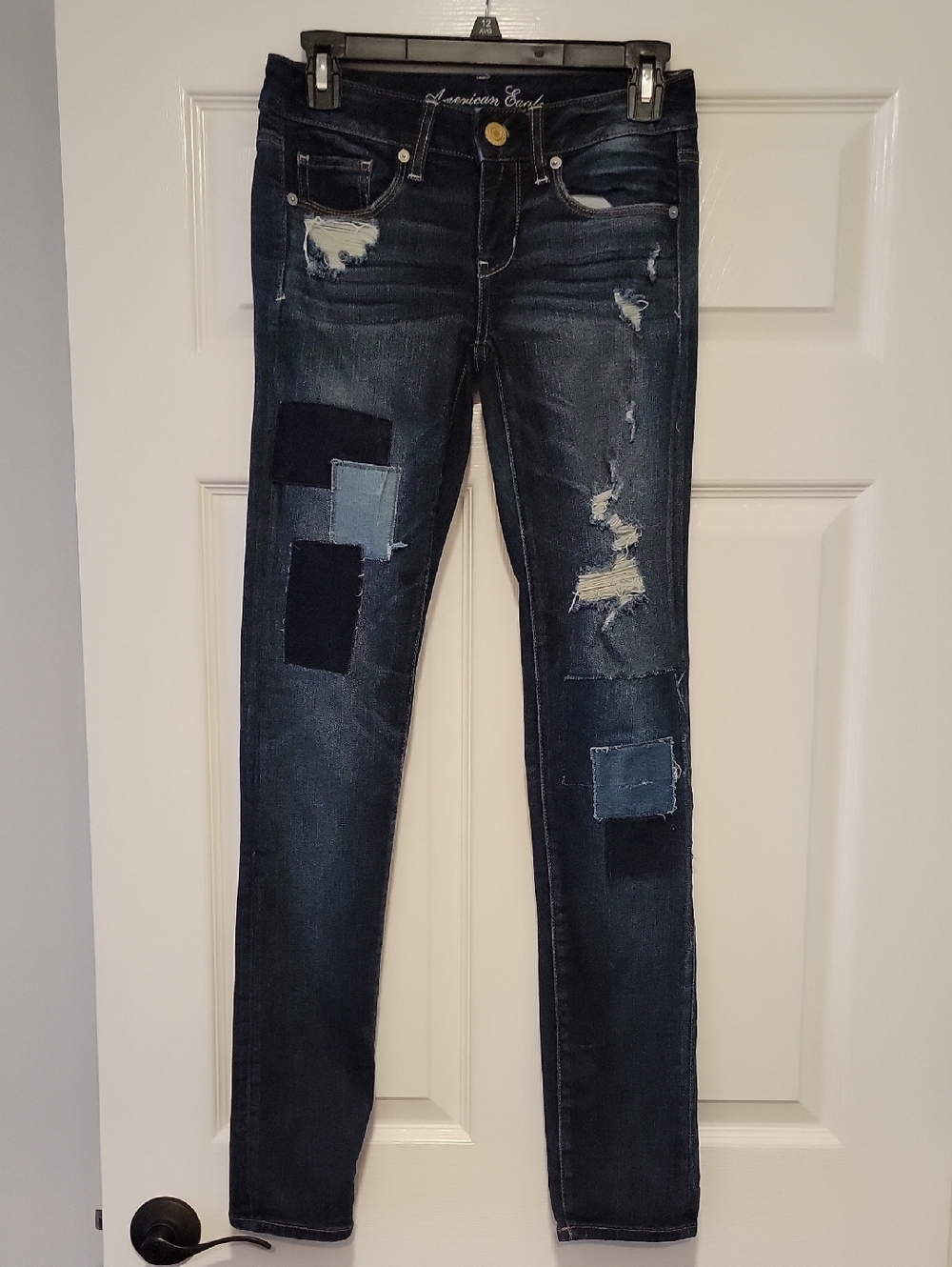 American Eagle Outfitters Dark Blue Patchwork Distressed Skinny Jeans